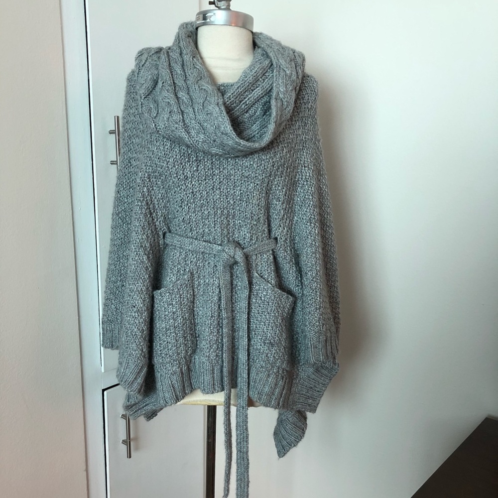 Chic and Cozy Knit, Tie-Waist Cape with Cowl Neck